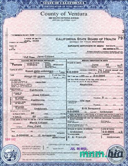 USA state California County of Ventura śmierć certyfikat szablon w formacie PSD